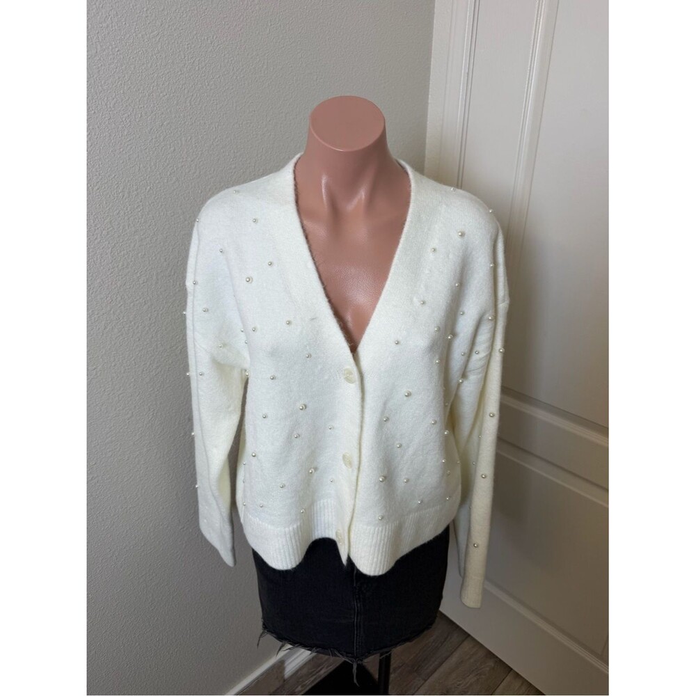 Hem & Thread Ivory Pearl-Embellished V-Neck Cardigan Sweater Sz L